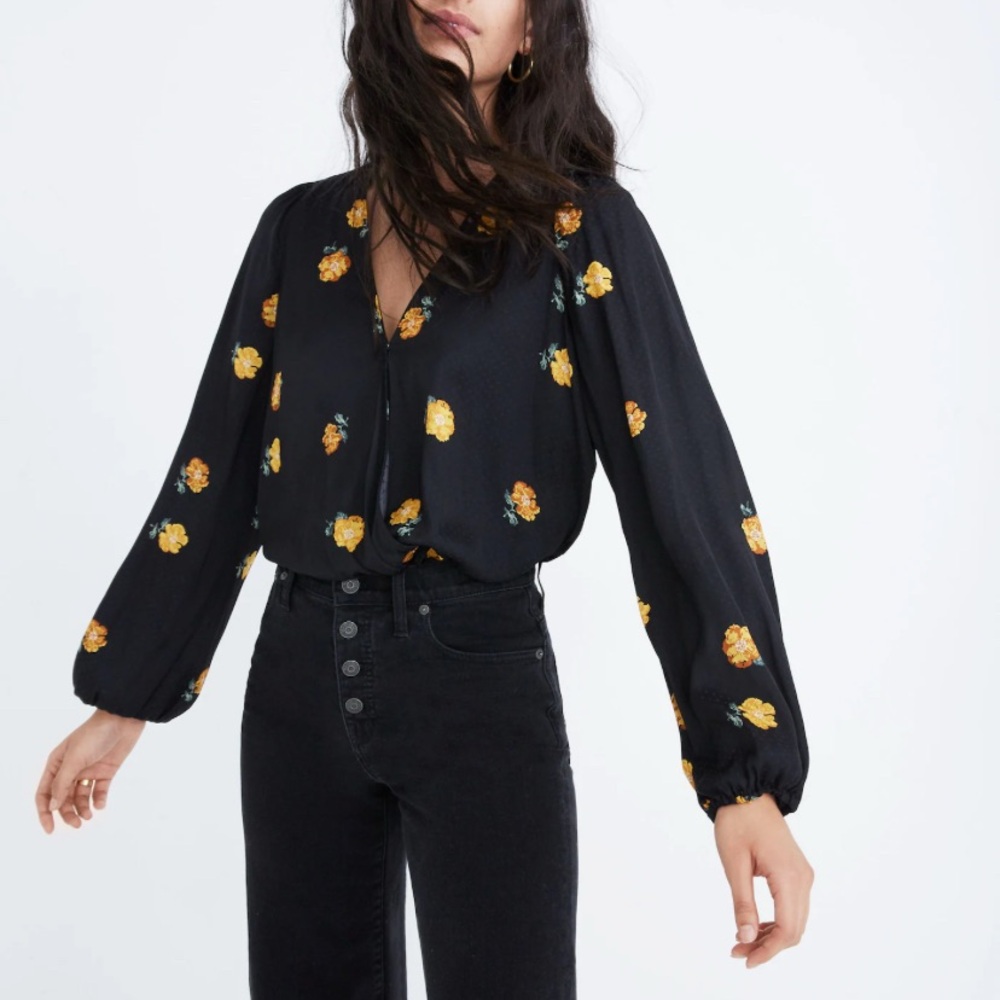 Madewell Bubble Sleeve Wrap Top in Floating Florets, Black with Yellow Flowers